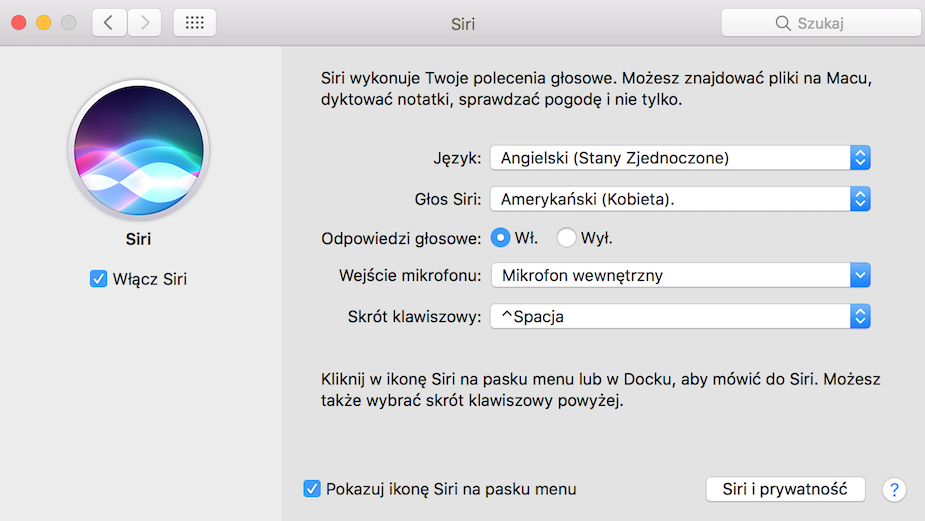 Preferencje systemowe Siri