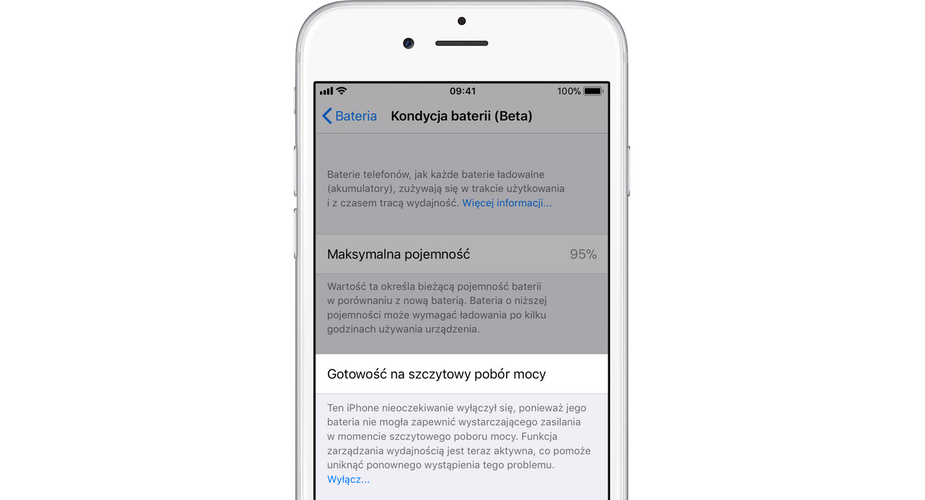iOS 11.3 Zarządzanie wydajnością wyłączone