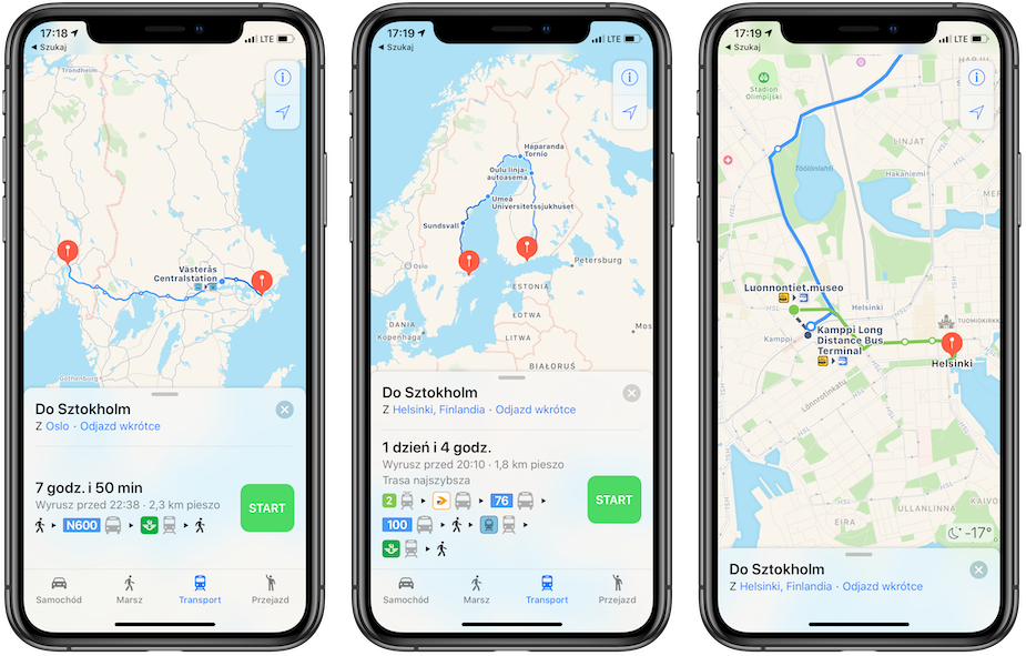 Transport publiczny w mapach Apple w krajach skandynawskich